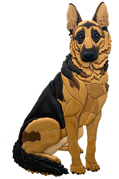 Life size German Shepherd Sitting Intarsia Wood Art