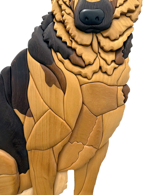 Life size German Shepherd Sitting Intarsia Wood Art