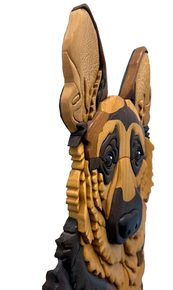 Life size German Shepherd Sitting Intarsia Wood Art